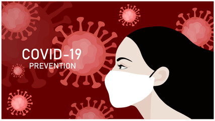 COVID-19 coronavirus prevention woman wearing surgical mask to prevent COVID-19 vector illustration.  New normal concept