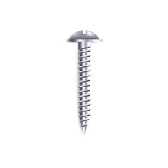 Sharp metal screw with raised slotted drive, metallic steel bolt with mushroom type head and realistic shiny chrome texture