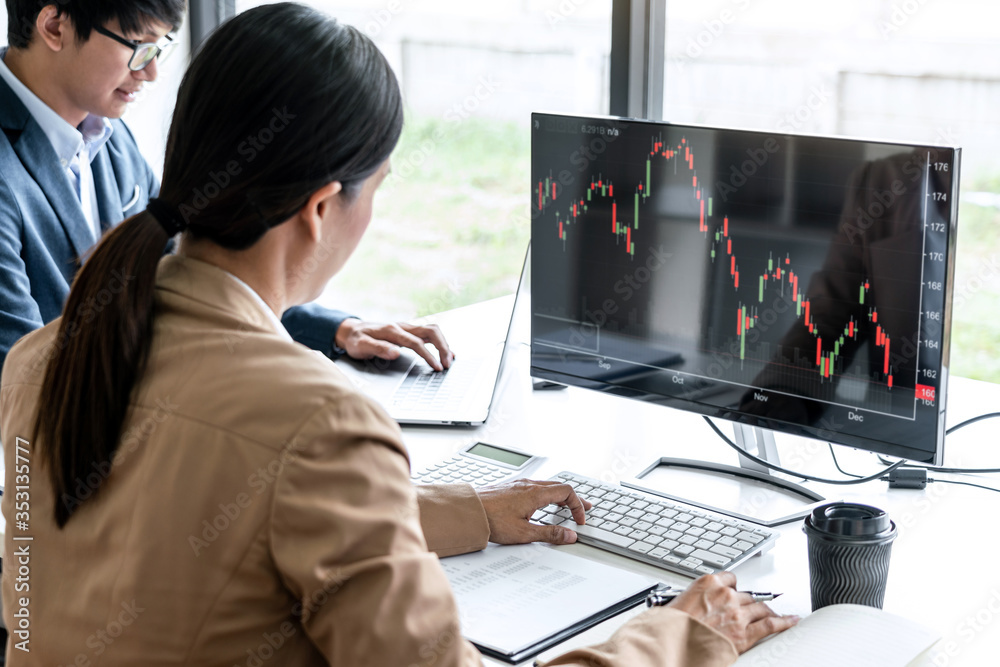 Poster business team investment working with computer, planning and analyzing graph stock market trading wi