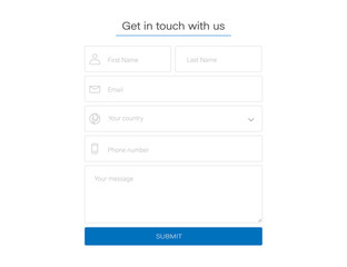 Contact us form. Get in touch with us. Template window for user to contact support. Send email mockup with submit button. First name, email, select your country and phone number. EPS 10.