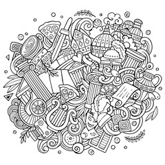 Rome hand drawn cartoon doodles illustration. Funny travel design.