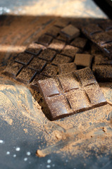pieces of dark chocolate sprinkled with cocoa powder on a dark background