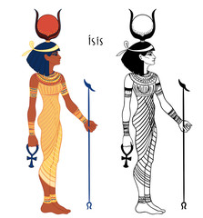 Isis, goddess of life and magic in Egyptian mythology. One of the greatest goddesses of Ancient Egypt, protects women, children, heals sick. Vector isolated illustration. Standing woman. Print, poster - obrazy, fototapety, plakaty