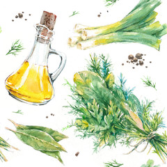 Seamless pattern with watercolor realistic illustrations with herbs, spices and a bottle of oil. Summer, freshness, harvest on a white background.