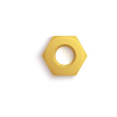 Isolated golden hex nut with realistic stainless steel texture