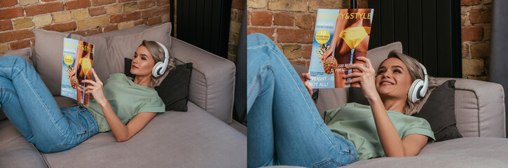 collage of young woman reading magazine while relaxing on sofa in wireless headphones, horizontal image