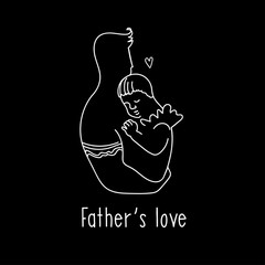 Happy Father's day. Hand-drawn line art vector illustration of daddy and daughter. Black and white logo.