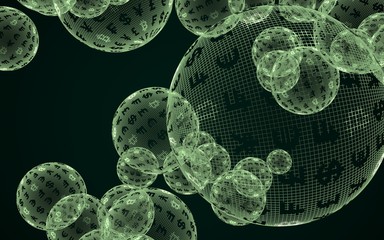 Bitcoin economic financial bubble. crypto currency 3D illustration. Business concept. Green bubbles on a dark background