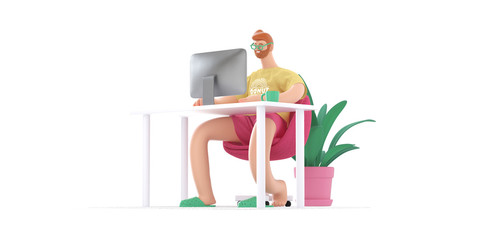 Home Office 3D render -modern concept digital illustration home office quarantine metaphor, a cartoon character, guy working at home sitting at the desktop computer. Creative landing web page header