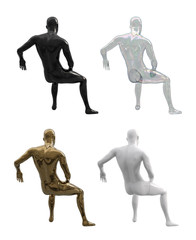 Set of seated male mannequins in a back view. Set of male mannequin white, black, transparent, gold color. Storefront design for shops. Male body in a sitting pose. 3d illustration.