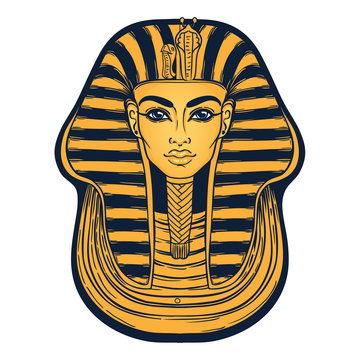 recommend clip art: King Tutankhamun mask, ancient Egyptian pharaoh. Hand-drawn vintage vector outline illustration. Tattoo flash, t-shirt or poster design, postcard. Egypt history.