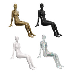 Female mannequin sits sideways. Storefront design for shops. Set of female mannequin white, black, transparent, gold color. Female body in a sitting pose. Mannequin for clothes. 3d illustration.