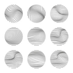 Set of round modern minimal logo with organic shapes with dynamic waves and lines. Vector emblem for cosmetics, beauty industry. Hand drawn templates black color.