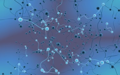 Neural network. Social network. Futuristic blue background. Abstract molecule, cell illustration, mycelium. Hi tech purple background. 3D illustration