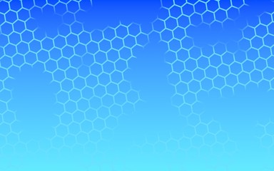Translucent, with breaks, honeycomb on a gradient blue sky background. Perspective view on polygon look like honeycomb. Isometric geometry. 3D illustration