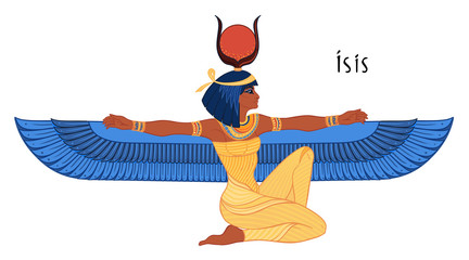 Isis, goddess of life and magic in Egyptian mythology. One of the greatest goddesses of Ancient Egypt, protects women, children, heals sick. Vector isolated illustration. Winged woman. Print, poster. - obrazy, fototapety, plakaty