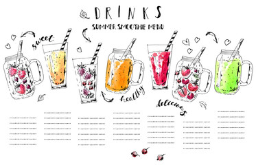 Hand drawn summer fruit smoothie drinks menu. Ink and watercolor stain illustration.