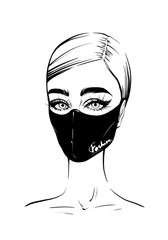 Beautiful fashion woman portrait hand-drawn in black protective mask. Ink sketch woman in quarantine mask. Isolated fashion drawing girl long eyelashes and brows. Handlettering face mask art poster
