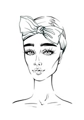 Fashion beautiful woman ink portrait. Hand drawn illustration for black and white print woman face with long eyelashes art. Black white sketch of young woman hairstyle with bow, girl face portrait