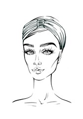 Fashion beautiful woman ink portrait. Hand drawn illustration for black and white print woman face with long eyelashes art.  Black white sketch of young woman hairstyle with a bow, girl face portrait