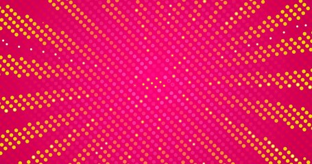 4k seamless looping animated hot pink pop art background. Yellow sunbeams . Polka dot pattern moving on round. Sunny summer kid funny banner. Sun explosion in center. 3d text birthday party backdrop - Powered by Adobe