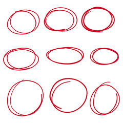 Set hand drawn ovals, felt-tip pen circles. Vector collection of doodle red frames.
