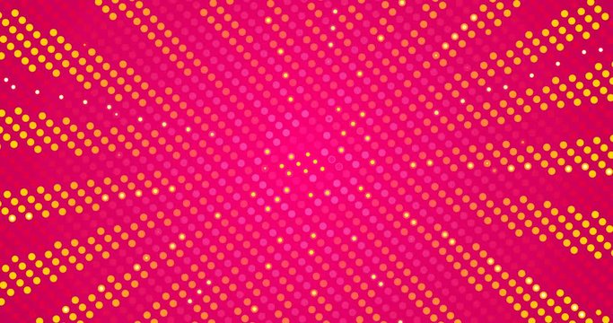 4k seamless looping animated hot pink pop art background. Yellow sunbeams . Polka dot pattern moving on round. Sunny summer kid funny banner. Sun explosion in center. 3d text birthday party backdrop