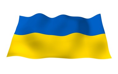 The flag of Ukraine on a white background. National flag and state ensign. Blue and yellow bicolour. 3D illustration waving flag