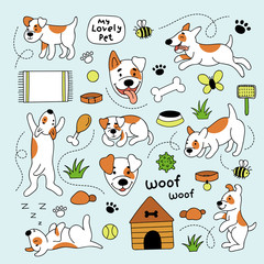 Cute funny dog in different poses. Sleeping, running, lying, jumping dog. Set of vector doodle illustration with pets and elements for dogs. Ball, booth, bone, rug, paw. Hand illustration.