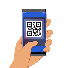Hand Holding Smartphone With QR code Scanner Application on Its Screen, Flat Design Style Illustration