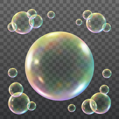 Vector Iridescent Shiny Soap Bubbles Over Checkered Background