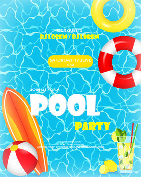 Pool party. Invitation template card. Top view of swimming pool with pool floats. Colorful swimming ring, beach ball and letters float on crystal clean water with sunny highlights