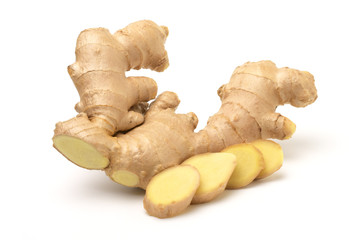 Close up,Fresh ginger root and sliced isolated on white background,For making herbal drinks.