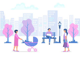 Happy people walking and relaxing in a city park. A woman is walking with a child in a pram. A man sits on a bench with a laptop. A young woman goes shopping. Vector illustration on a white background