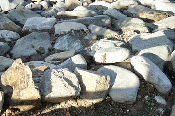 Large boulders on the seashore. A lizard is hiding among the rocks.