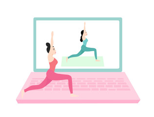 Yoga online concept with healthy woman doing yoga exercise at home with online instructor vector illustration. New normal stay at home concept 
