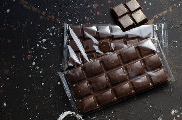 bar of dark chocolate in plastic packaging