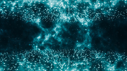 dramatic backdrop of particle formation with rays of light blue energy in the background.