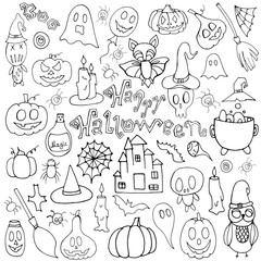 Happy Halloween.Set with elements for Halloween. Bat, Potion, pumpkins, dolls, balloon, candles, spider web, broom on a white background. Doodle style.  Printing on posters. Autumn set for Halloween. 