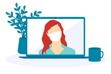 Video call conference during coronavirus COVID-19 quarantine. Social distancing with laptop, cup and plant on the table.