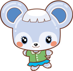 kawaii mouse in a green blouse and blue skirt, isolated object on a white background, vector illustration,