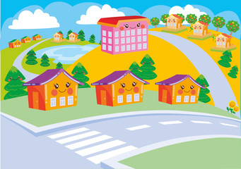 kawaii cityscape with houses with ears and smiles, vector illustration, cartoon illustration,