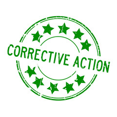 Grunge green corrective action word with star icon round rubber seal stamp on white background