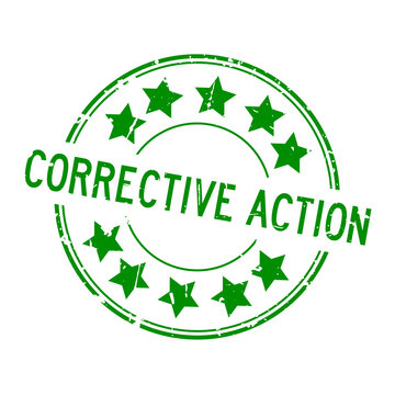 Grunge Green Corrective Action Word With Star Icon Round Rubber Seal Stamp On White Background