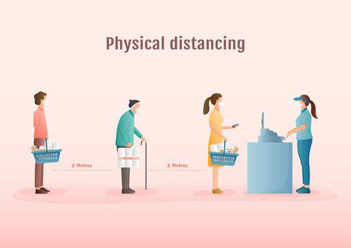 Shoppers Wearing Face Masks Queued For Groceries At A Supermarket. Physical Distancing Concepts.