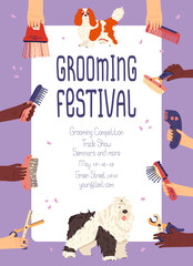 Grooming festival promo poster vector flat illustration with spaniel and bobtail dog breeds. Hands with tools for pet care. For online story, post social networks, advertising groomers events