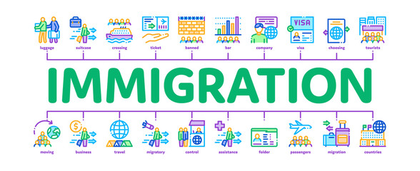Immigration Refugee Minimal Infographic Web Banner Vector. Immigration Person With Baggage, Passport And Visa, Cruise Liner Voyage And Airplane Illustration