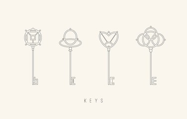 Various Outline Keys. Vintage, Retro style. Minimalistic icons. Graphic Vector set. Elegant geometric design. Trendy illustration. Every Key is isolated on white background