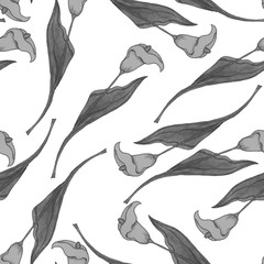 Seamless floral pattern. Hand drawn. Cute calla lilies monochrome colors botanical illustration. Design for packaging, fabric, textile, wallpaper, website, greeting cards, printed material.
