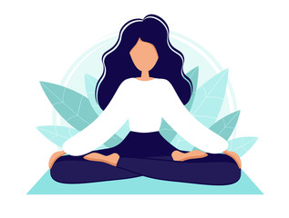 A girl in lotus yoga practices meditation. Yoga practice. Vector illustration in a flat style. Young woman meditating. Stay at home. Self-isolation.